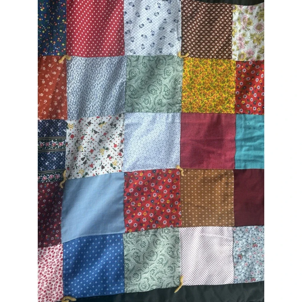 Vintage Patchwork Quilt Multicolor Patterns Squares Black Border 61x83